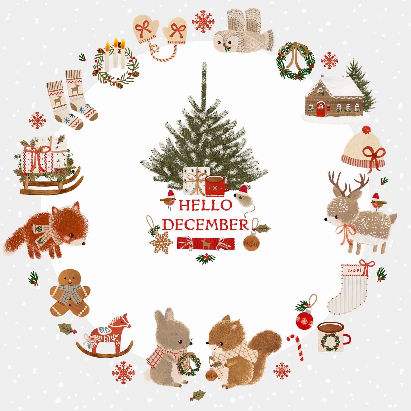 Winter art illustration by Maddi Pearn (@nettleandtwig) - cozy winter scenes and woodland animals